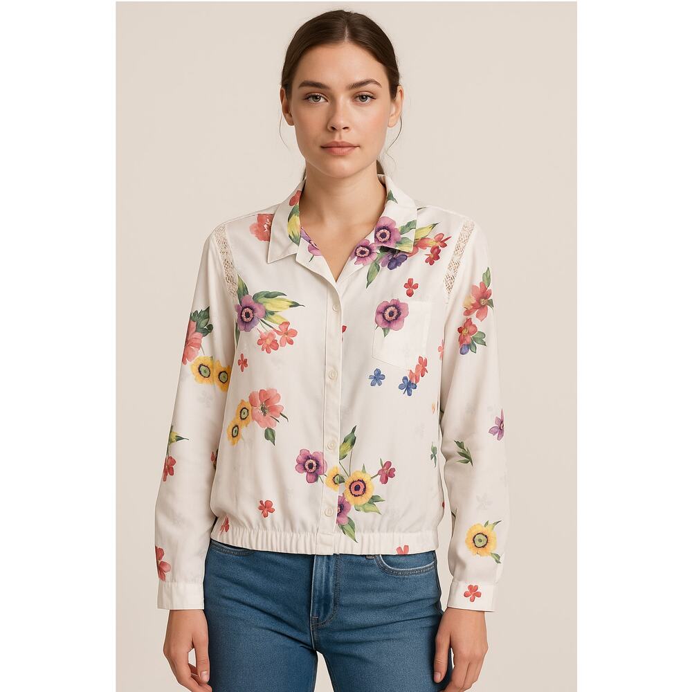 Zara Trafaluc white floral silky dressy blouse size small